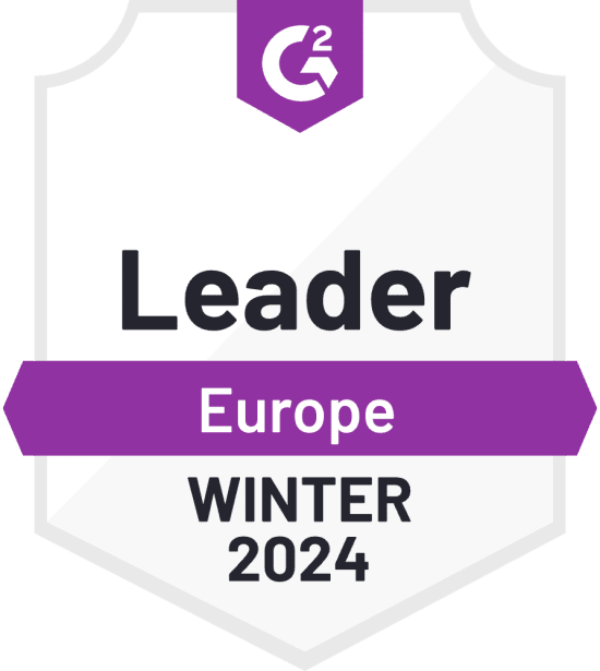 G2 Leader badge for Europe, Winter 2024. Highlights recognition in software industry, featuring purple and gray design., G2Leader, Winter2024