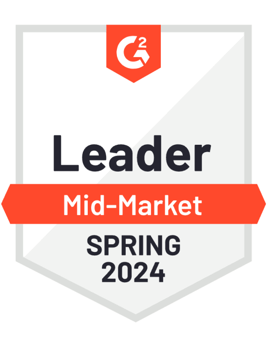 G2 Leader badge for Mid-Market solutions, Spring 2024 edition, featuring a prominent logo and award details., G2, Leader badge