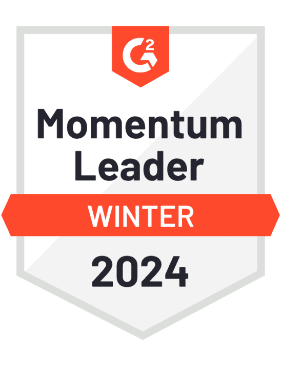 Momentum Leader Badge for Winter 2024 from G2, featuring bold typography and an award emblem. Professional accolade., G2, MomentumLeader2024