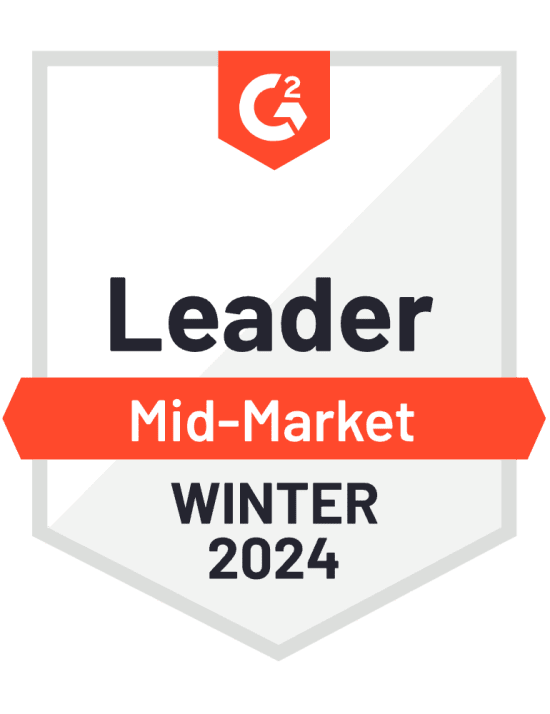 Leader Badge for Mid-Market on G2, highlighting Winter 2024 recognition in a visually distinct design, G2 Leader Badge, Mid-Market, Winter 2024