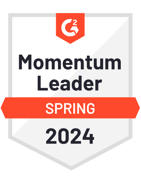 Momentum Leader badge by G2 for Spring 2024, showcasing recognition for outstanding performance., G2 Momentum Leader Spring 2024 badge, G2 award for excellence in service or product quality
