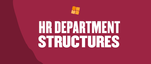 HR department structures with bold text on a deep red background, featuring a puzzle piece graphic., HR department structures, visual representation of HR roles