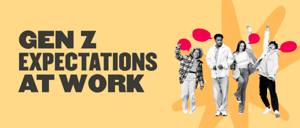 gen z work expectations, diverse young professionals celebrating with speech bubbles