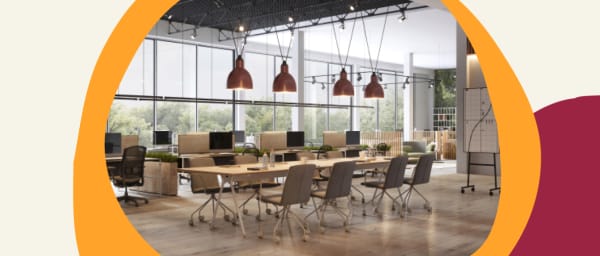 modern office with large windows, wooden flooring, desks, and hanging lights, bright collaborative workspace with greenery
