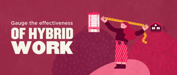 gauge hybrid work effectiveness, illustration of woman measuring office and home settings