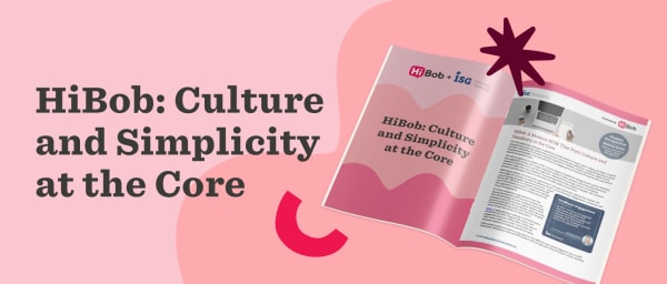 HiBob culture report cover with pink background, showcasing simplicity and engagement themes. Modern HCM design elements. HiBob, HCM