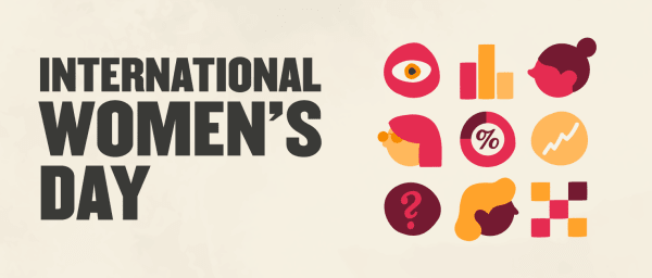 international women's day graphic with colorful icons representing empowerment and data, diverse female icons and symbols