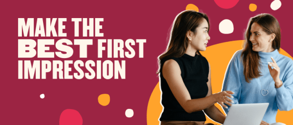 best first impression, two women discussing with laptop in vibrant, colorful background