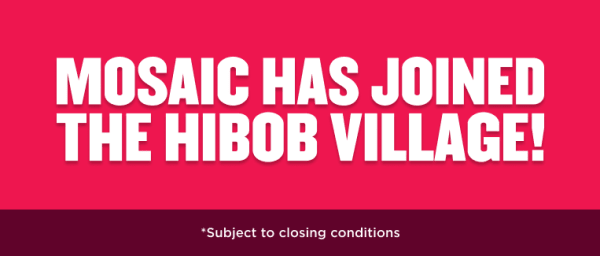 MOSAIC joining HIBOB VILLAGE announcement on a vibrant pink background with a note on closing conditions. , Mosaic, HibobVillage