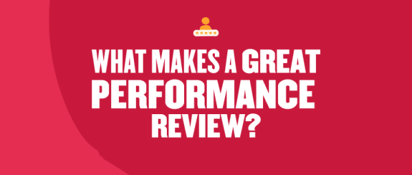 what makes a great performance review text on red background, bold white lettering with crown icon above text