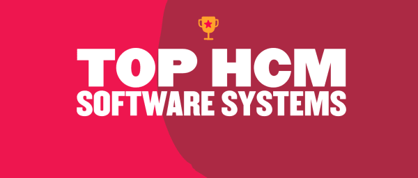 Top HCM Software Systems title with trophy icon on vibrant pink background. Highlights leading HR software solutions. , HCMsoftware, HRsolutions