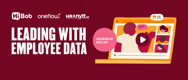 leading with employee data webinar recap video on a yellow laptop screen with abstract character illustrations, HiBob, oneflow, HRnytt logos