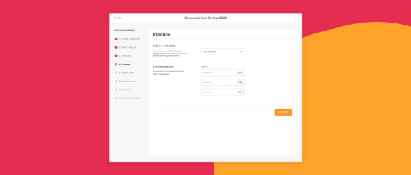 Finance setup screen for event management, showing currency selection and exchange rates options., Event finance setup, currency selection and exchange rates interface.