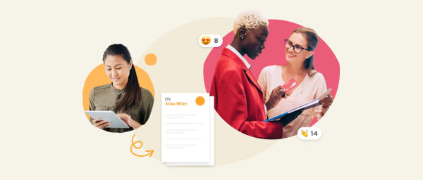 young woman with tablet viewing CV while two women discuss a resume and card, engaging interaction in job search context