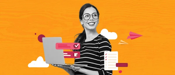 woman with laptop on orange background, digital communication and productivity concepts illustrated with graphics