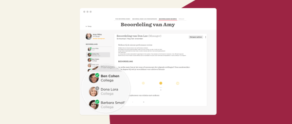 Beoordeling van Amy, met namen van collega's en manager, en een overzicht van feedback en scores., Performance review interface with colleague names.