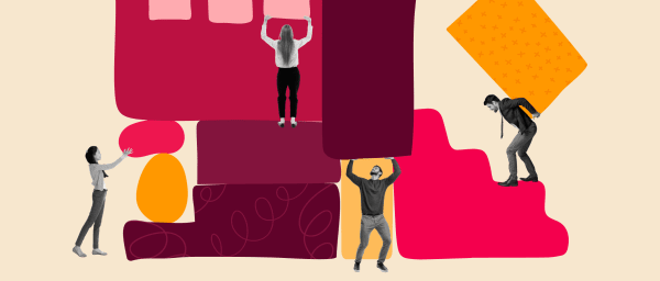 collage of people lifting colorful shapes, promoting teamwork and creativity in a modern, abstract setting, teamwork, creativity