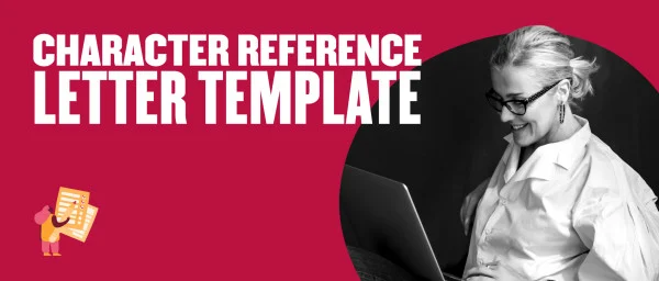 character reference letter template, woman smiling at laptop wearing glasses and a white shirt on a red background