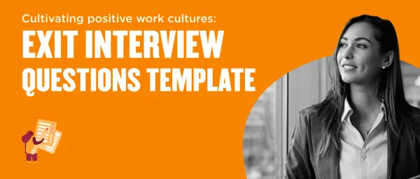 cultivating positive work cultures exit interview questions template, smiling professional woman beside window with checklist graphic