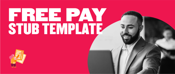 free pay stub template, smiling man using a laptop with a digital pay stub illustration on a vibrant pink background