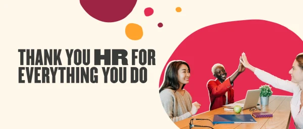 thank you HR appreciation graphic with diverse people celebrating and working together, colorful abstract shapes in background