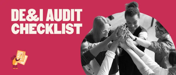 DE&I audit checklist with diverse hands joined in teamwork on a vibrant pink background, Diverse team collaboration for DE&I audit