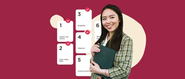 young woman smiling holding a notebook with checkmarked task boxes in background, creative process steps and engagement
