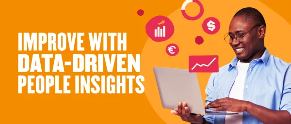 data-driven insights, happy man using laptop with graphs and dollar signs on orange background