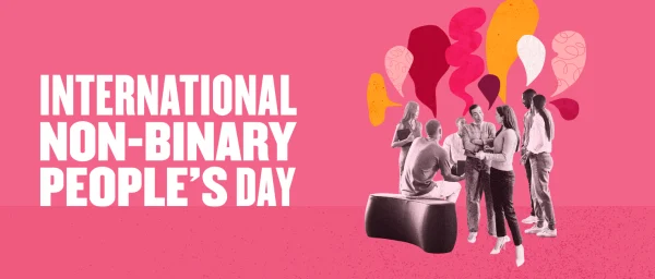 international non-binary people's day celebration with diverse individuals sharing ideas against a vibrant pink backdrop, diverse group engaging in dialogue to promote inclusivity and awareness