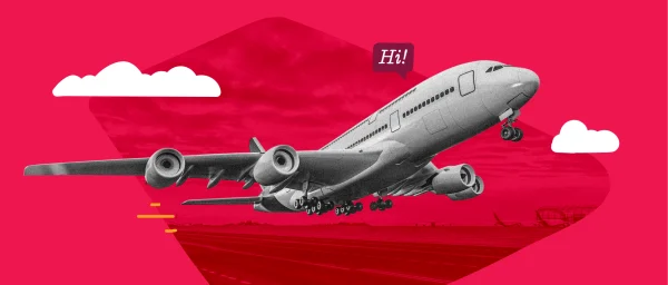 airplane-taking-off, bright-pink-background-clouds