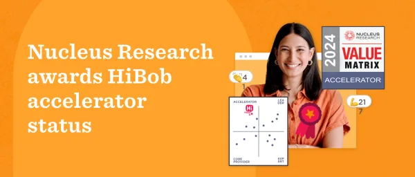 Nucleus Research HiBob award graphic featuring cheerful woman, 2024 Value Matrix, and key metrics. Professional design., NucleusResearch, HiBob