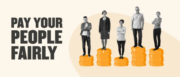 pay-your-people-fairly, diverse-group-standing-on-coins