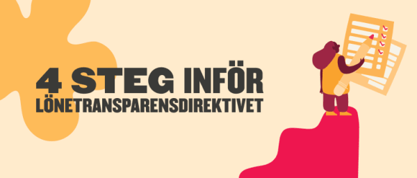 4 steg inför lönetransparensdirektivet med illustration av person som markerar punkter, lönetransparensdirektivet, illustration