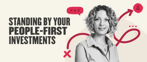 standing by your people-first investments graphic featuring a smiling woman with curly hair, illustrative design elements surrounding text