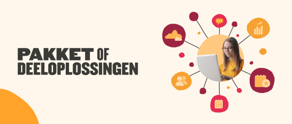 pakket of deelooplossingen, woman using laptop with social media and scheduling icons around her