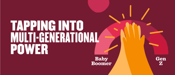 tapping into multi-generational power visual with hands and labels for Baby Boomer and Gen Z, multigenerational collaboration graphic