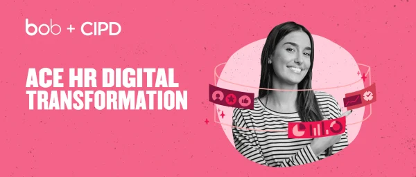 bob+CIPD, ACE+HR+Digital+Transformation+visual+with+a+smiling+woman+stripes+on+pink+background+and+digital+icons