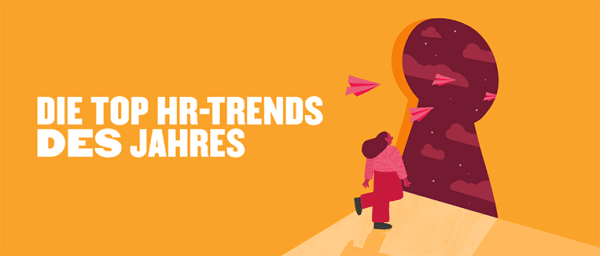 HR trends illustration featuring a person discovering opportunities through a keyhole, with paper planes symbolizing growth. alt tags:HR trends, keyhole discovery