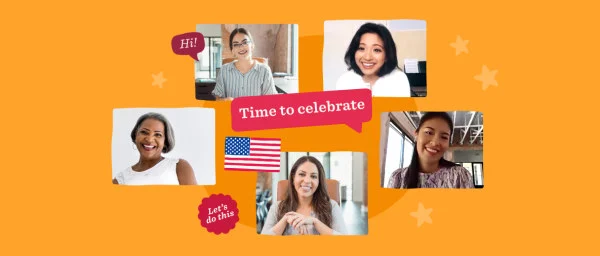 smiling women in video calls celebrating with greetings on an orange background, diverse group showcasing teamwork and positivity