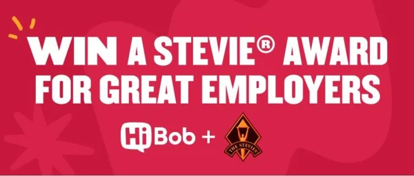 WIN a Stevie Award for Great Employers | HiBob + The Stevies logo on vibrant red background, promoting award recognition. WIN, Stevie_Award, HiBob