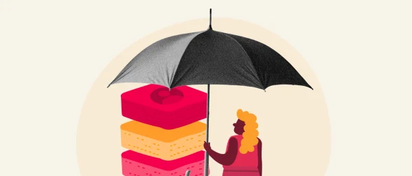 woman holding umbrella, colorful stacked desserts