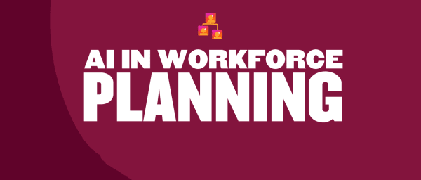 AI in Workforce Planning with vibrant icons, bold typography, and a maroon background, signifying modern employment strategies. AI, WorkforcePlanning