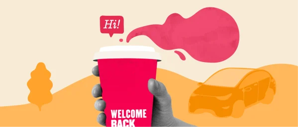 welcome back coffee cup, colorful background with car and greeting bubble