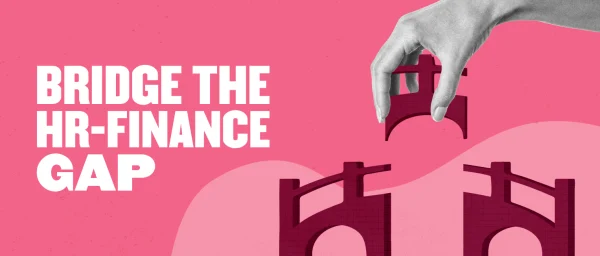 bridge HR and finance with puzzle pieces in hand against a pink background, graphic illustrating HR-finance connection efforts