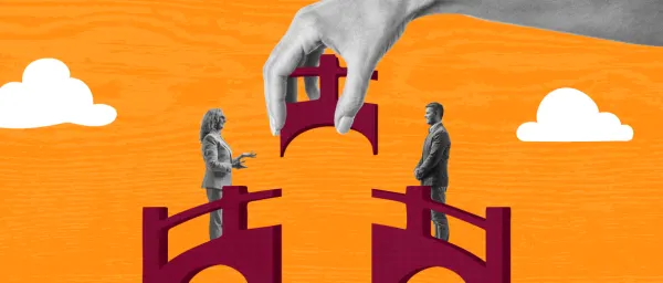 hand placing puzzle piece between two figures on bridge, vibrant orange background with clouds, symbolizing connection and collaboration, crossing bridge to success creativity connection teamwork