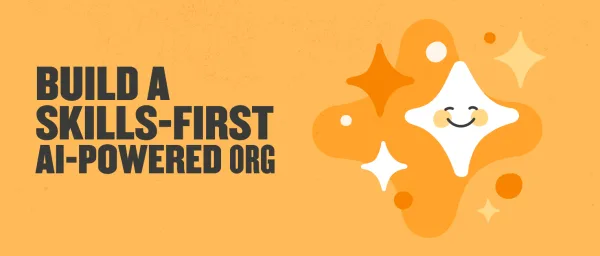 build a skills-first AI-powered organization with cheerful graphic elements on a vibrant orange background, skills-first AI organization graphic