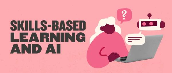 skills-based learning, AI interaction with person using laptop and speech bubbles