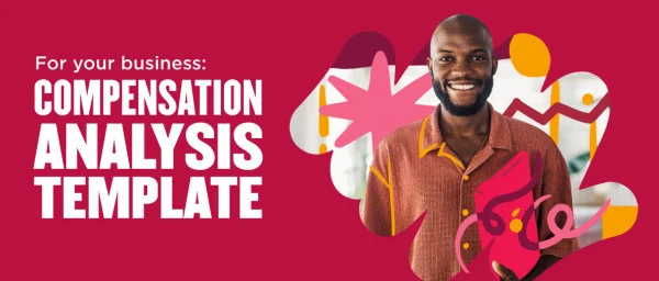 compensation analysis template for business with smiling man in casual attire and vibrant graphic elements, business analytic template visual guide with colorful design and engaging imagery