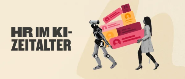 HR im KI-Zeitalter, Robot carrying digital icons with woman in modern attire, showcasing AI's role in human resources.