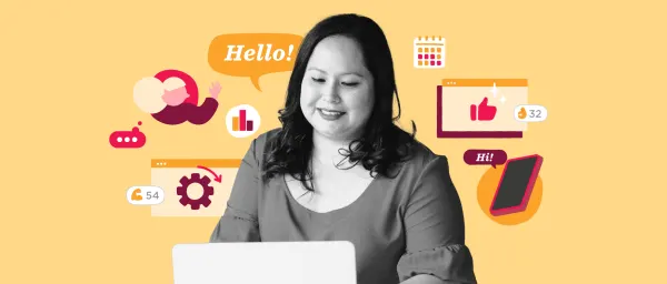 woman at laptop with chat bubbles, icons and stats on yellow background, smiling professional engaging with digital content